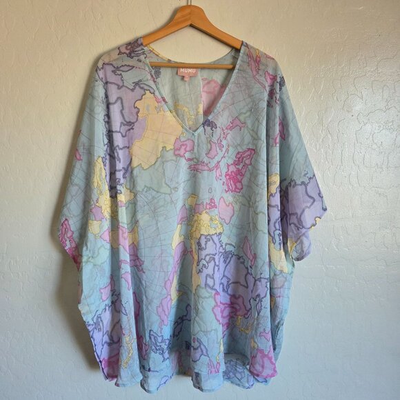 Show Me Your Mumu World Tour Peta Tunic Map Print Blue Size Medium Chiffon Sheer - Picture 1 of 9